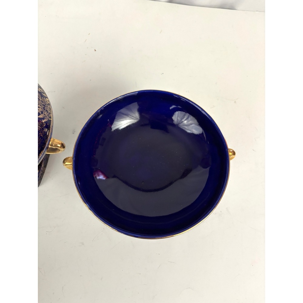 Vintage Cobalt‎ Blue Footed Covered Candy Dish Pair Gold Floral Japan - Picture 10 of 16